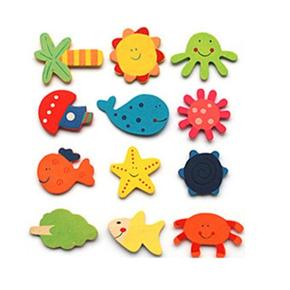 12Pcs/Set Wooden Cartoon Fridge Magnet Educational Toys L4450