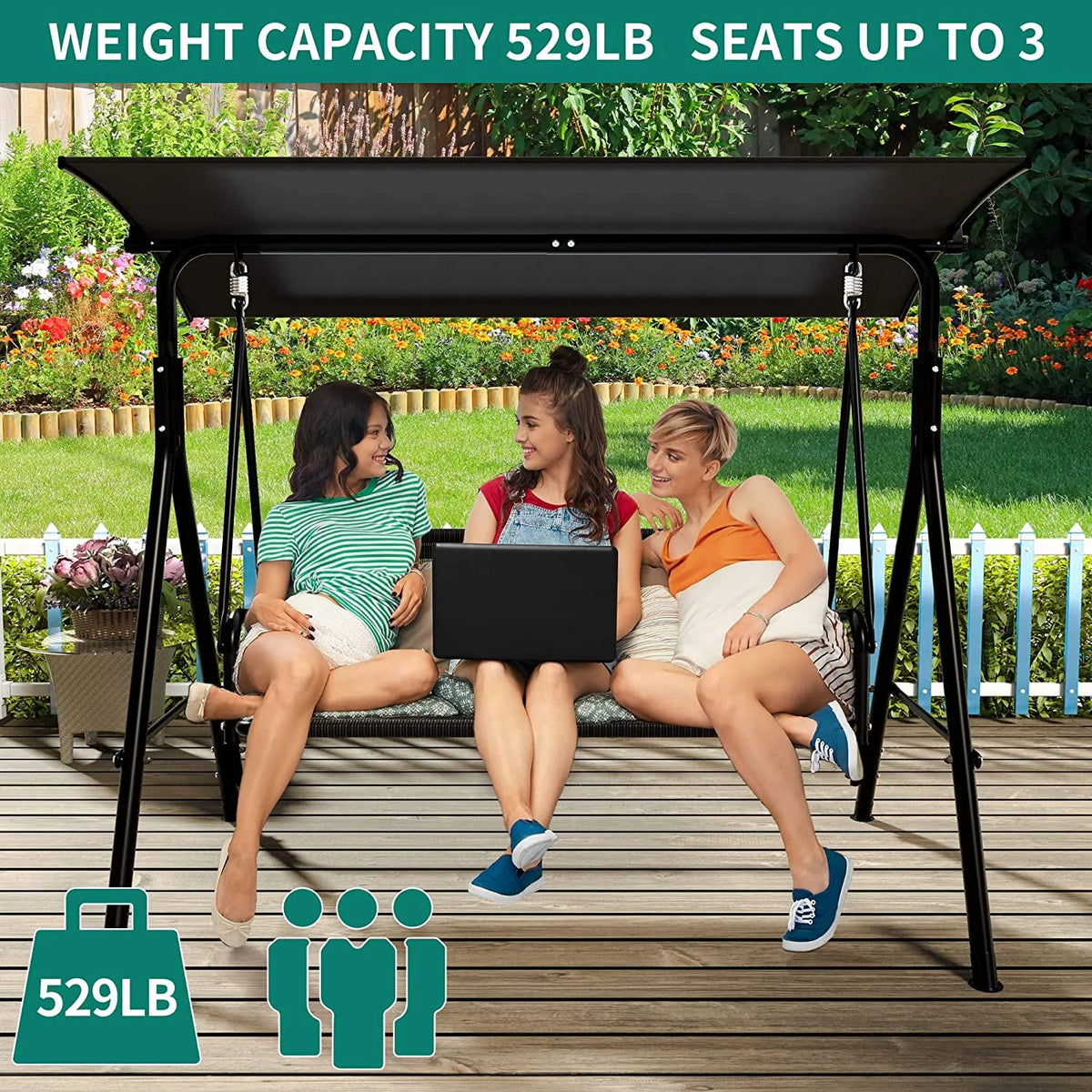 3 Person Outdoor Patio Swing Chair with Adjustable Canopy N256