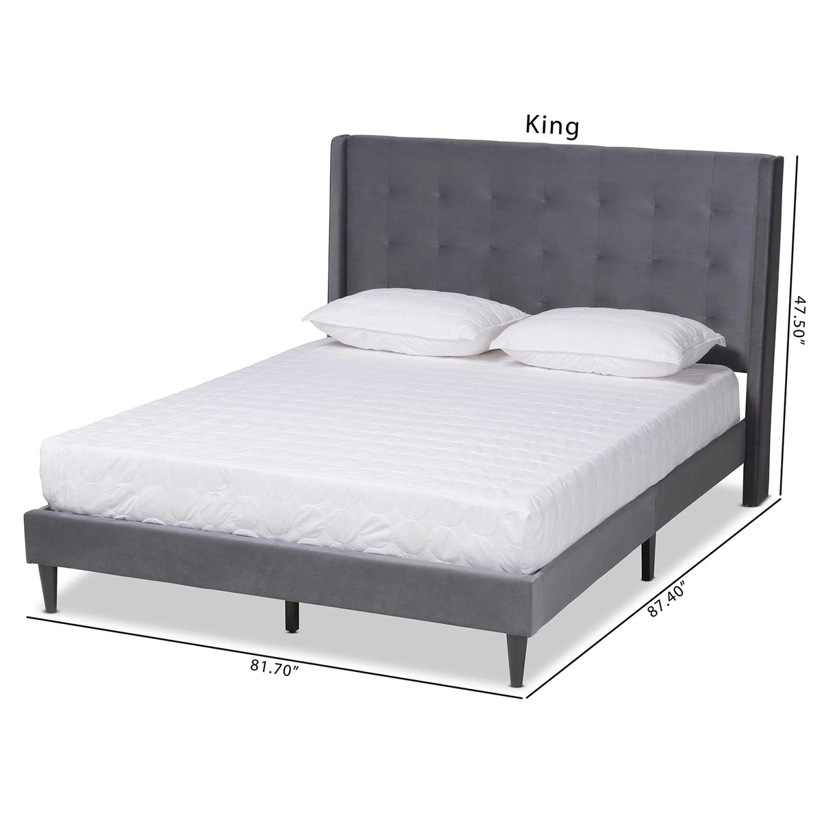 Grey Velvet Upholstered Dark Brown Wood King Size Platform Bed N386930