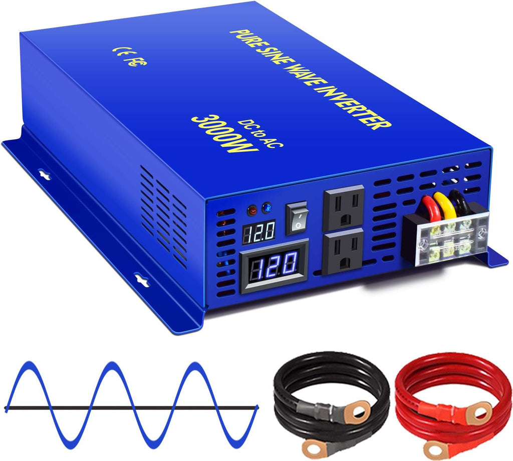 3000W Pure Sine Wave Power Inverter 12v to 110v 120v DC to AC with 2 USA Outlets 2 Battery Cables O79864