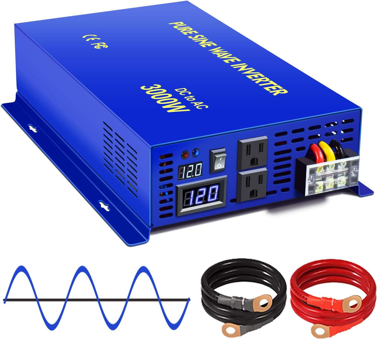 3000W Pure Sine Wave Power Inverter 12v to 110v 120v DC to AC with 2 USA Outlets 2 Battery Cables O79864