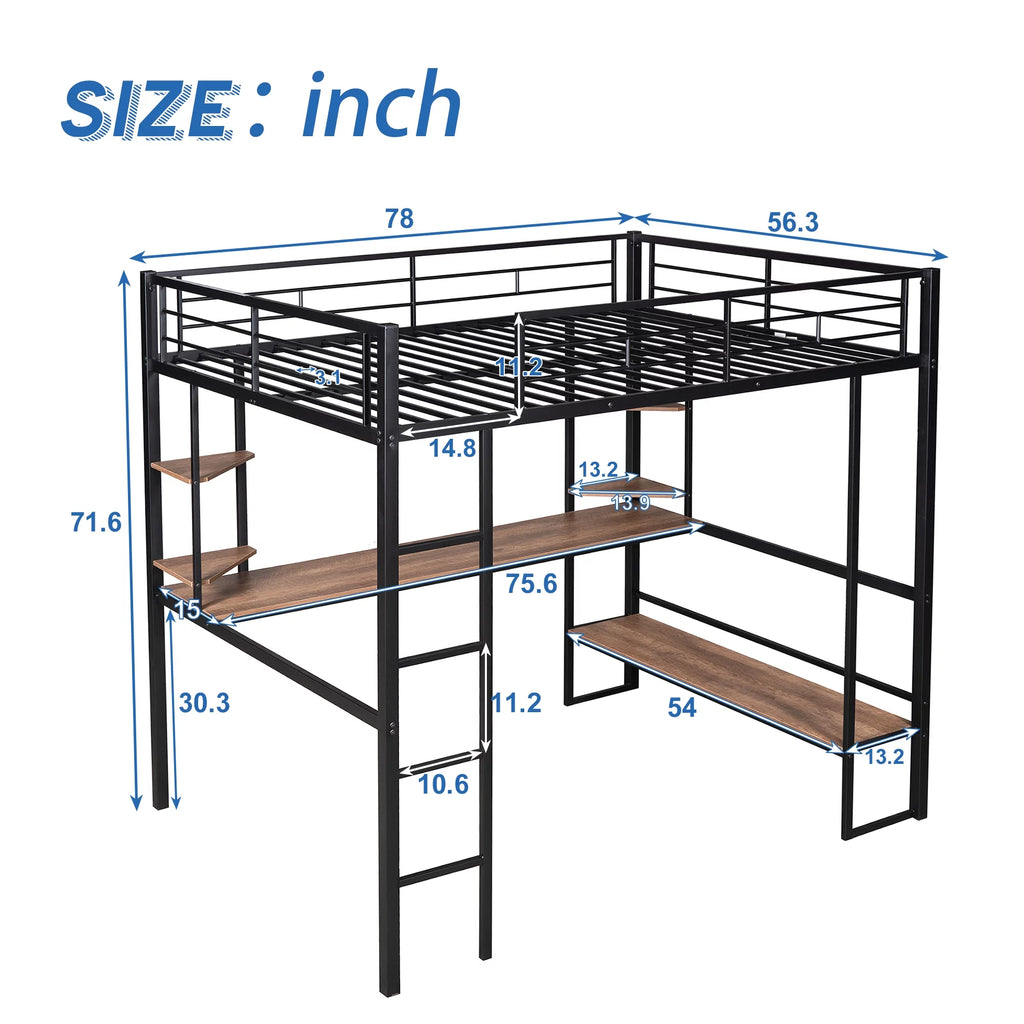 Full Size Metal Loft Bed with Desk and Shelves W626525