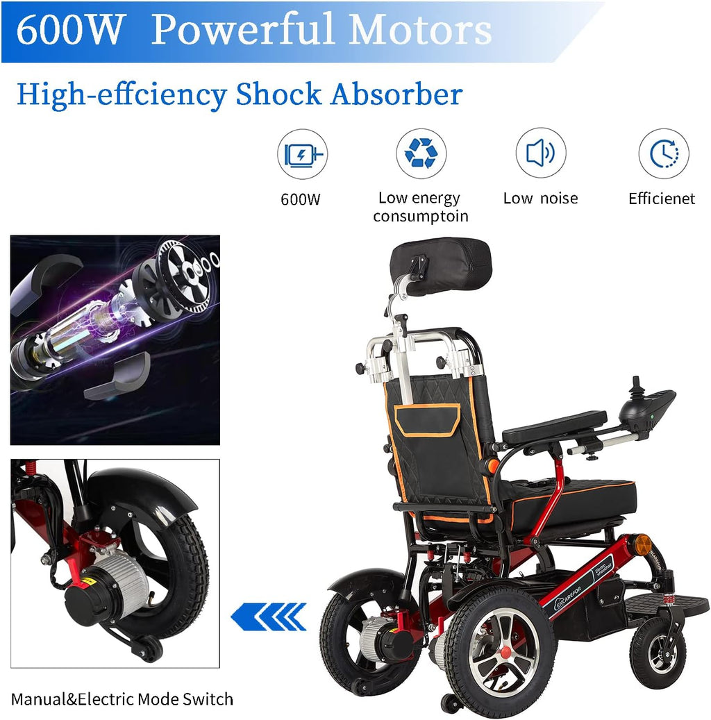 600W Remote Control Electric Wheelchair, Reclining Portable Folding Power Wheelchair, Aluminum Alloy Lithium Battery, Black and Red W452796