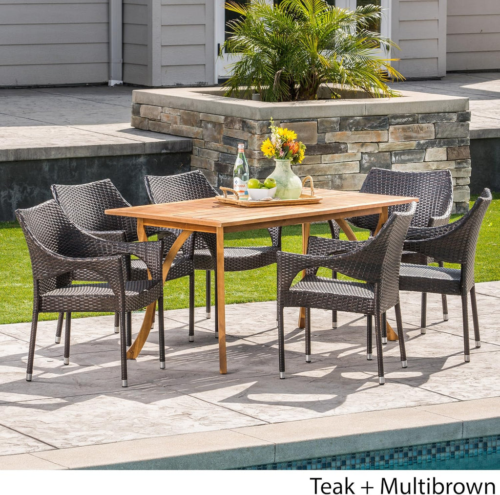 Outdoor 7-Piece Acacia Wood Wicker Dining Set in Multibrown Z308