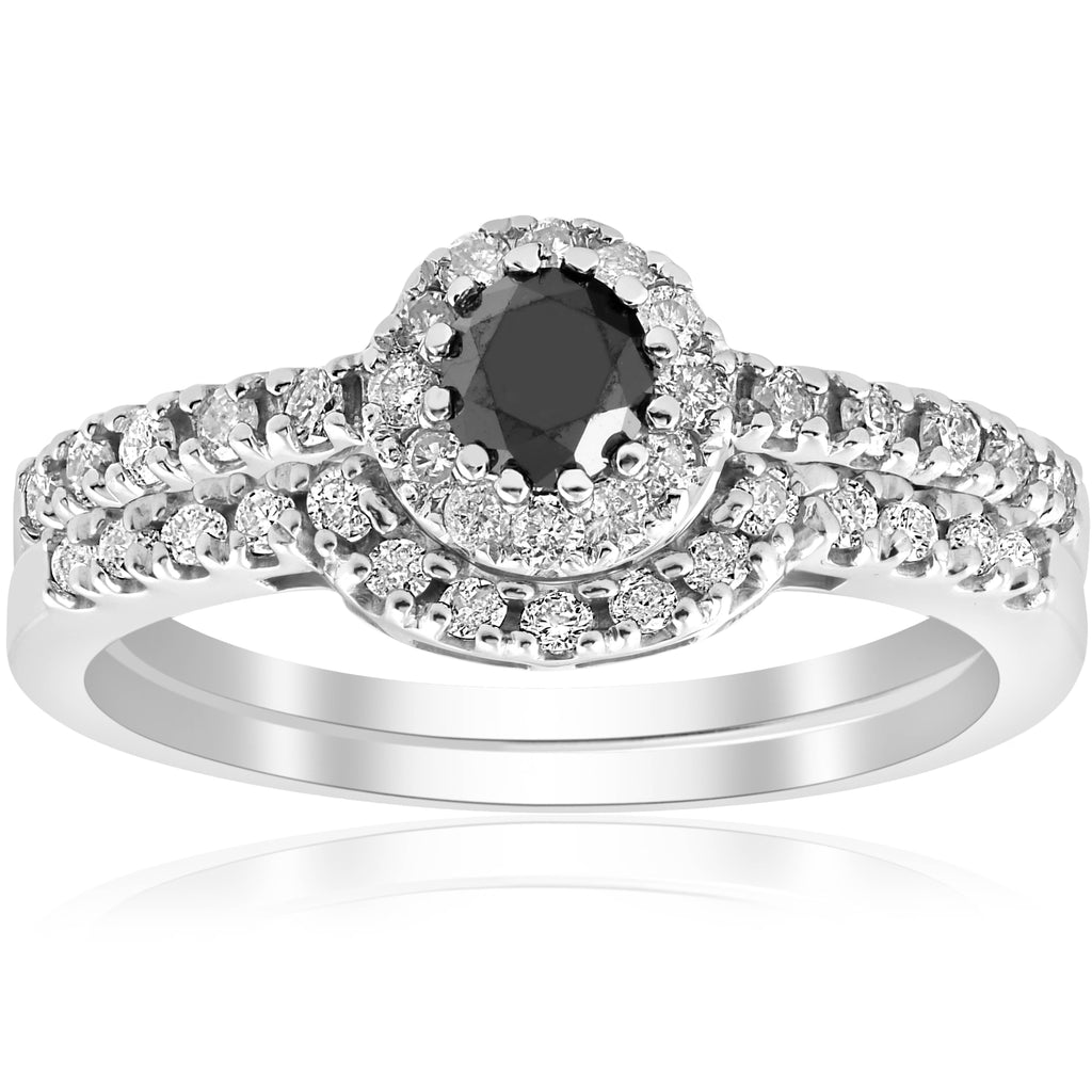 Black Pave Halo Diamond Engagement Ring Set 14k White Gold Q851903