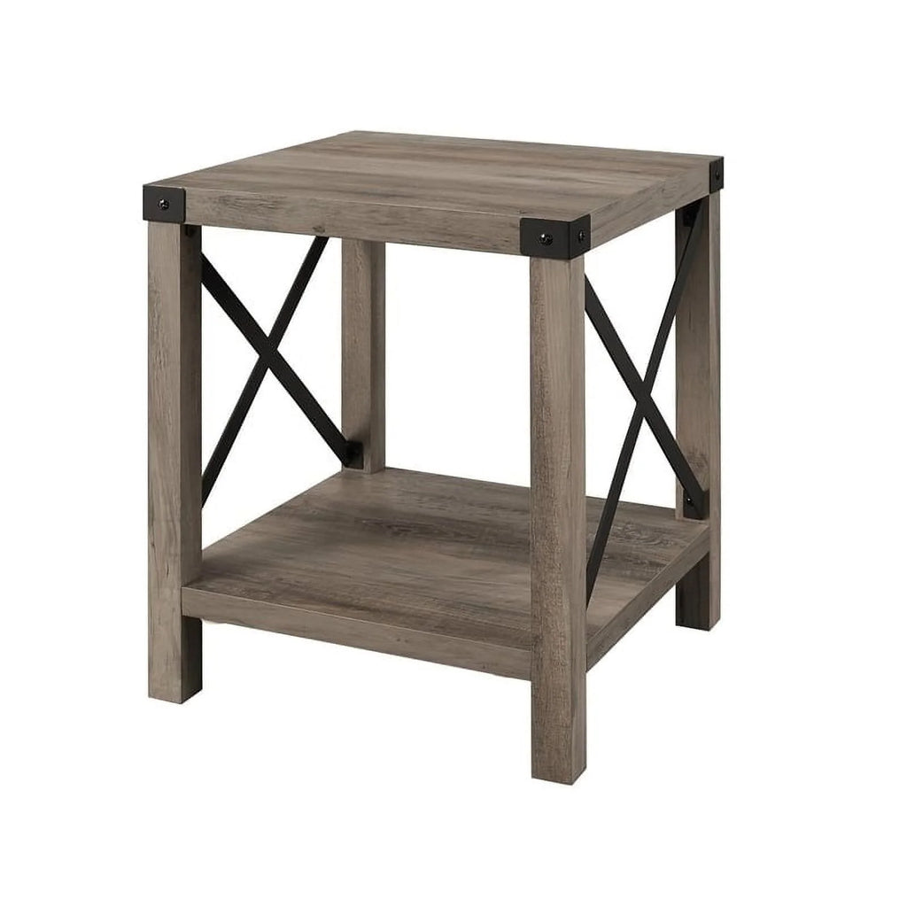 18" Gray Farmhouse Wood Side Table with Metal Frame Q797264