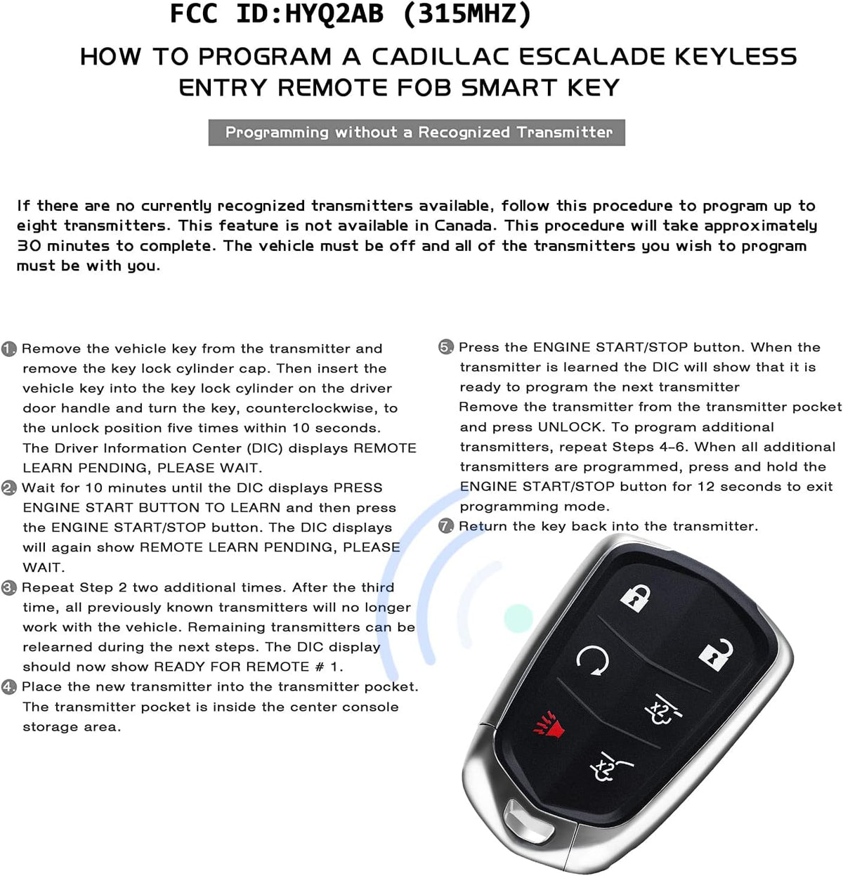 Replacement 6 Buttons Proximity Smart Keyless Entry Remote Fob for Cadillac Escalade and Escalade ESV 2015-2020 315Mhz FCC: HYQ2AB 1 Piece Pack of 2 H41094