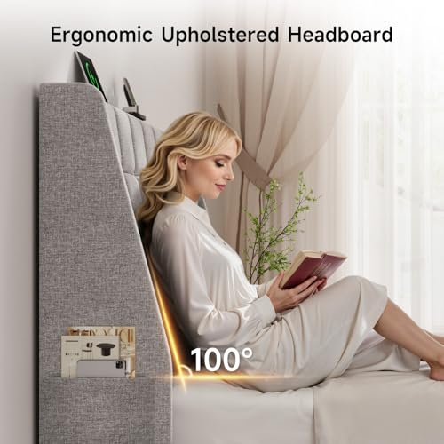 Queen Size Light Grey Linen Upholstered Headboard with Charging Station Y316