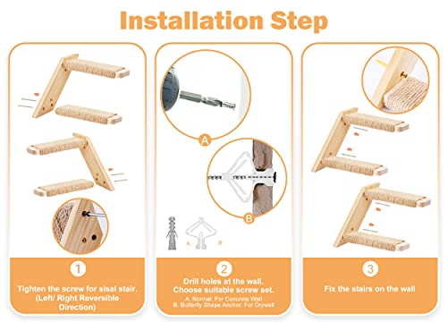 Cat Wall Climbing Shelf, 2 pcs 4 Step Wall-Mounted Ladder with Sisal Scratching Rope N8747