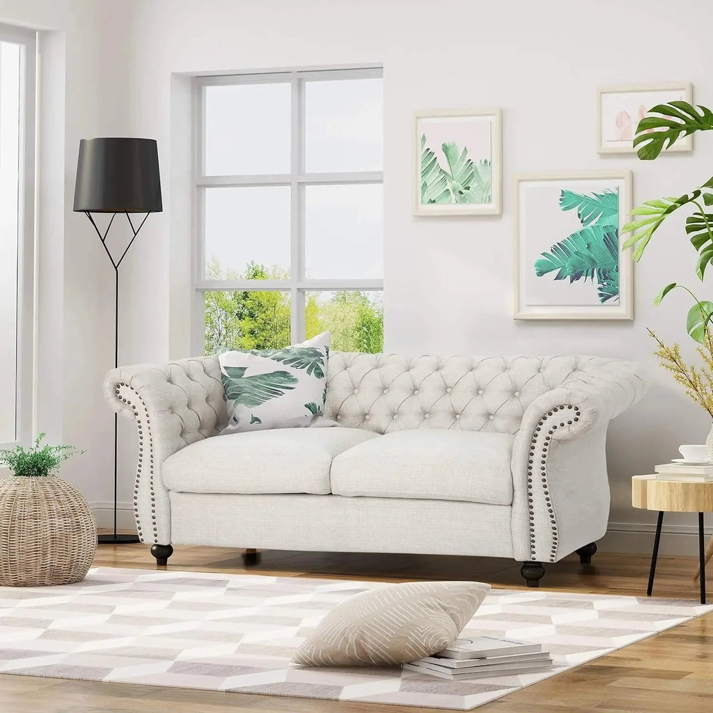 Beige and Dark Brown Chesterfield Loveseat Sofa X1170