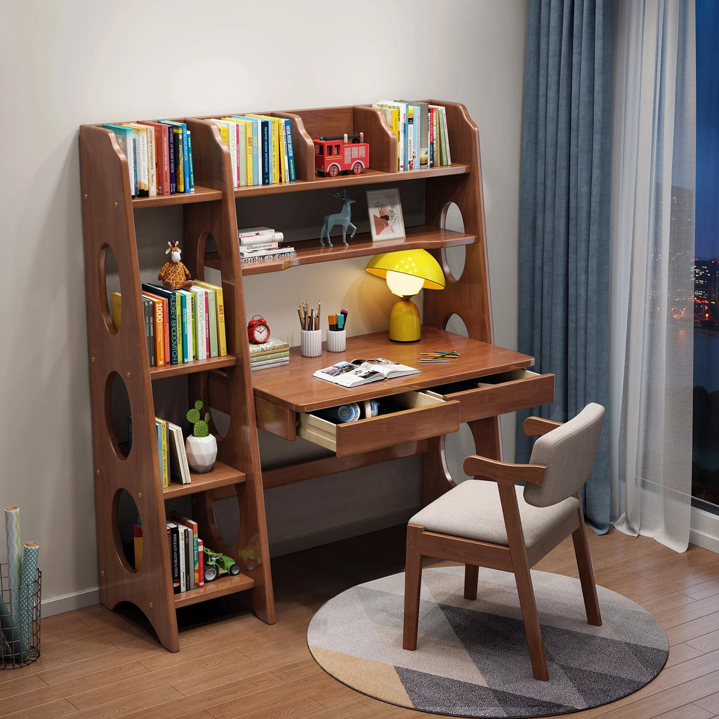 Brown Wooden Kid's Desk and Chair Set with Drawers and Bookshelf N979991