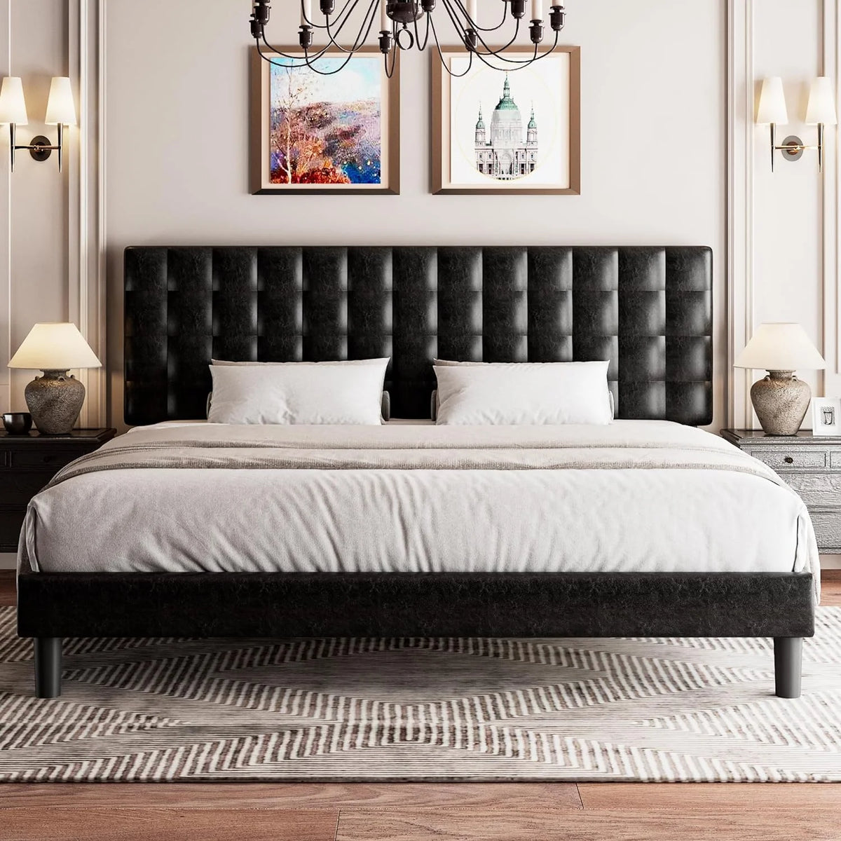 King Size Black Faux Leather Upholstered Platform Bed Frame E210