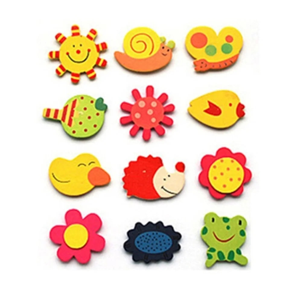 12Pcs/Set Wooden Cartoon Fridge Magnet Educational Toys L4450