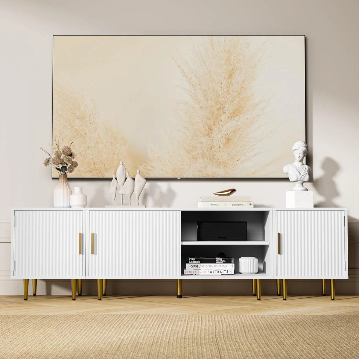 White TV Stand with Storage Cabinet W572