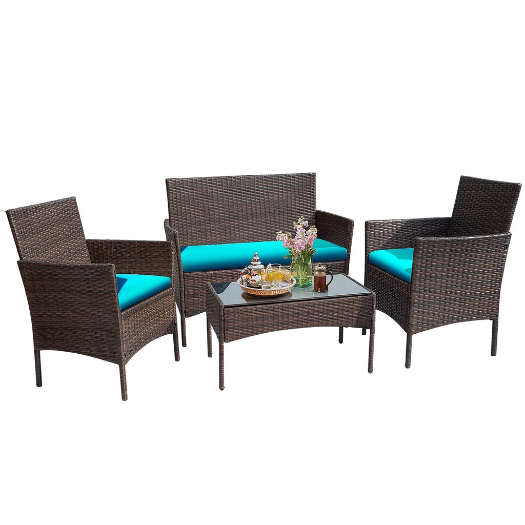 4 Piece PE Rattan Wicker Patio Table and Chairs Set with Cushions E412191