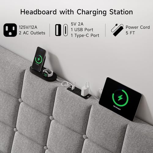 Queen Size Light Grey Linen Upholstered Headboard with Charging Station Y316