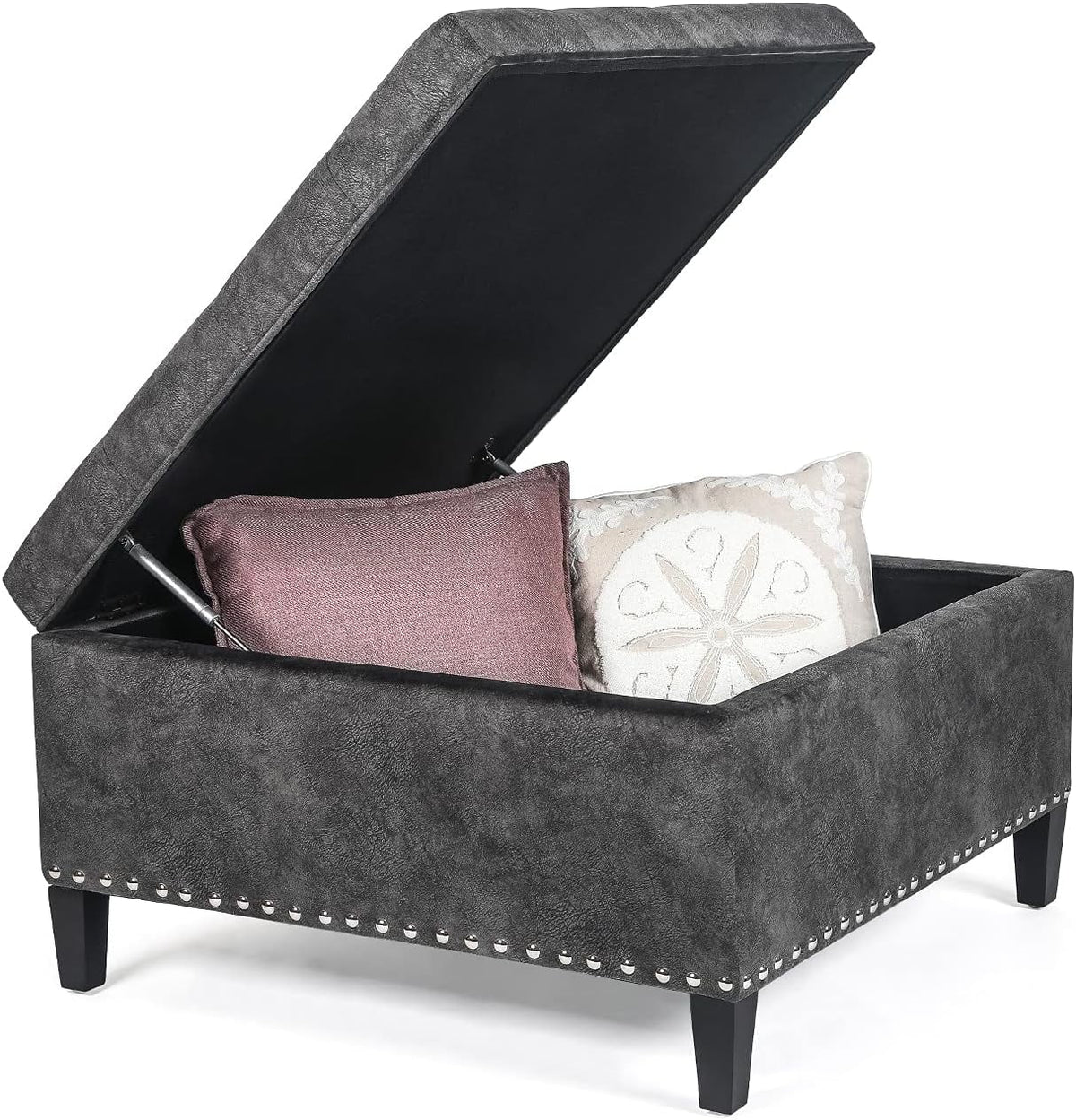 Grey Tufted Storage Ottoman Bench with Wood Legs P7394
