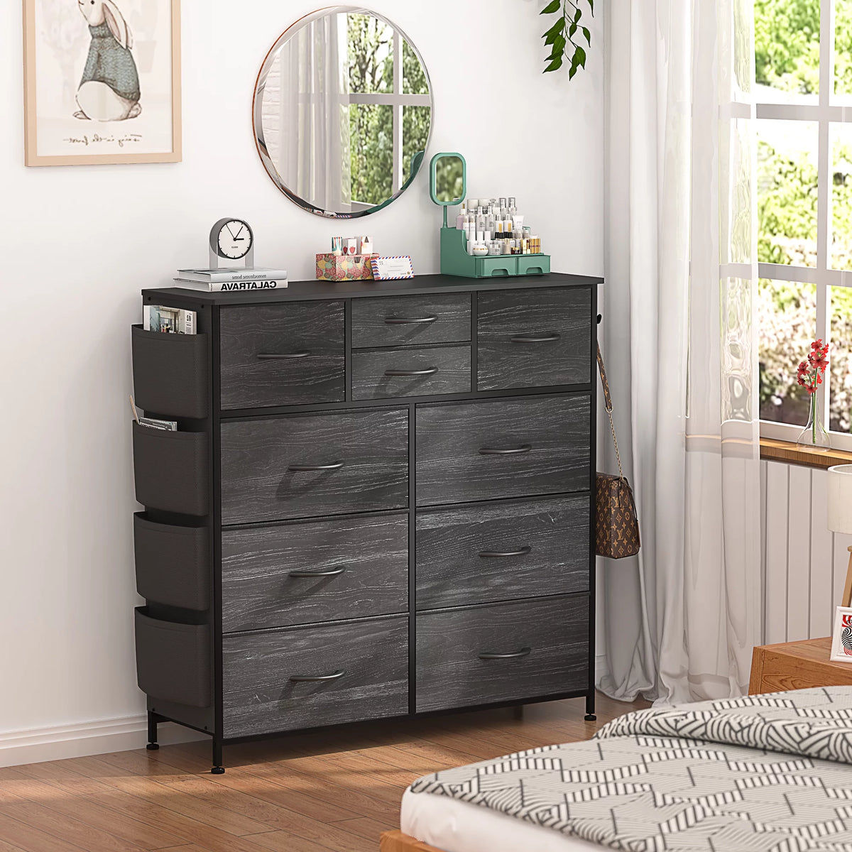 Black 10 Drawer Fabric Dresser with Wood Top S339418