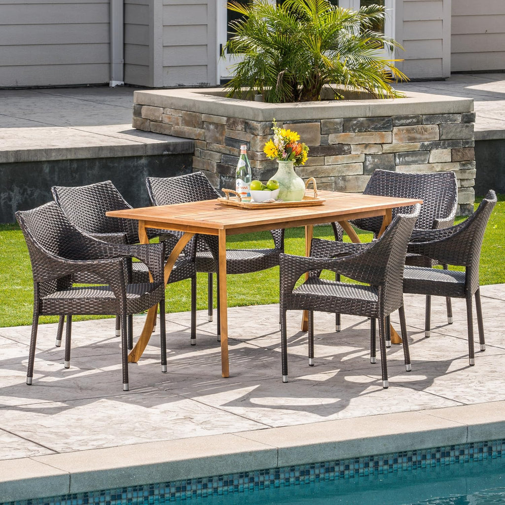 Outdoor 7-Piece Acacia Wood Wicker Dining Set in Multibrown Z308